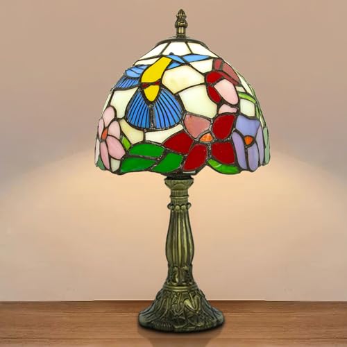 Small Tiffany Lamp 8 Inch Stained Glass, 3 Color Temperature Adjustable, Handcrafted Antique Bedside Lamp for Bedroom Living Room with E26 LED Bulb (Hummingbird)