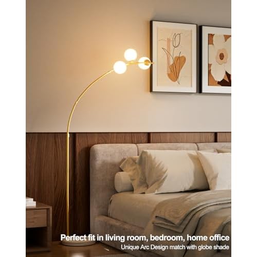 Lightdot 3 Globe Modern Floor Lamp for Living Room, Contemporary Gold Arc Floor Lamp with Shatterproof Shade and Bulbs Included£¬Mid Century Standing Lamp for Bedroom & Home Office