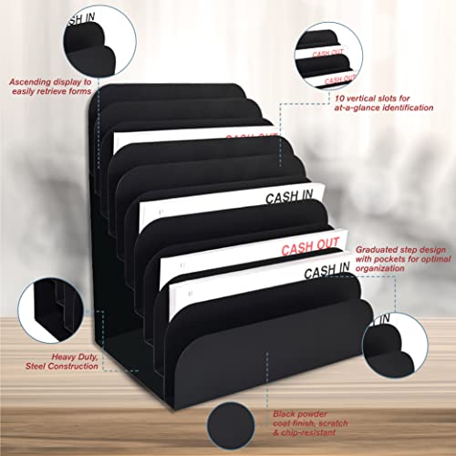 BankSupplies STEELMASTER Steel Cashier Pad Rack - 10 Slot File & Desk Organizer - Paper Organizer - Black Powder Coat Finish - Scratch & Chip-Resistant - Forms, Applications, Deposit Slips & Checks