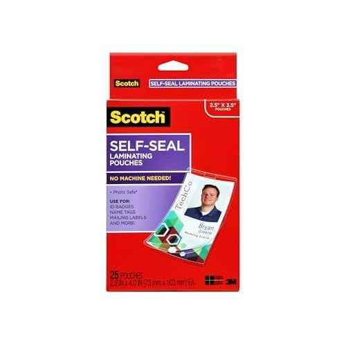 Scotch Self-Sealing Laminating Pouches, ID Badge Protectors Includes Clips, 2.25 Inches x 3.5 Inches, 25 Pouches, Great for Gift Tags