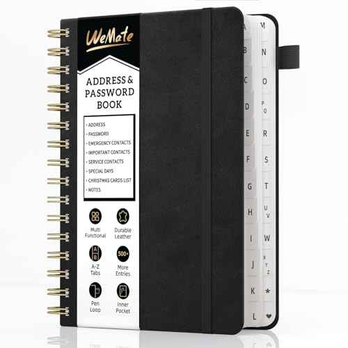 WEMATE Spiral Address Book with Alphabetical Tabs, Leather Password Book, Address Organizer Telephone Notebook Journal Keep Contact Safe Hardcover Large Print for Seniors Home Office 5.8¡ȡ¿8.2¡È, Black