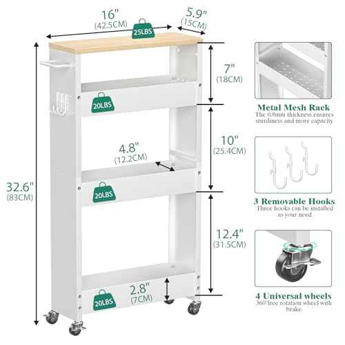 Slim Storage Cart, 4-Tier Kitchen Rolling Cart Narrow Storage Cabinet with Handle & Wheels, Metal Rolling Shelf Unit for Kitchen Bathroom Laundry Small Places (5.9IN White/Natural)