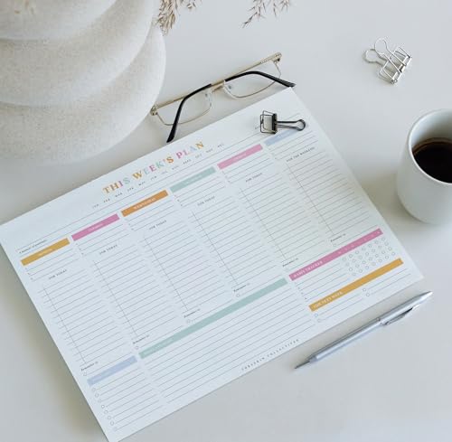 ThreeKin 8.5 x 11 Colorful Weekly Planner Tear-Off Notepad - Premium 52 Sheets, Undated, For Work, School & Projects, USA Owned