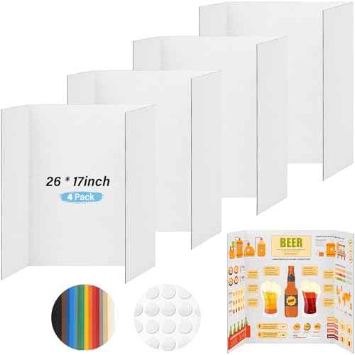 4 Pcs Trifold Poster Board, 26x17 inches White Poster Board Comes with Sticky Accessories, Corrugated Presentation Boards, Display Board for School Projects, Business Presentations