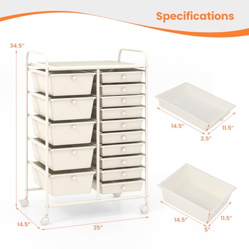MAT EXPERT White 15-Drawer Rolling Storage Cart with Locking Casters