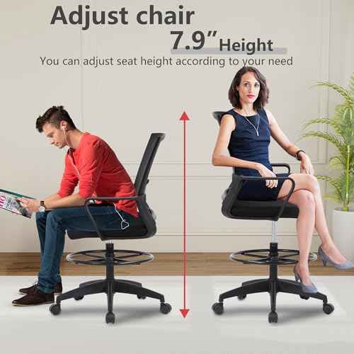 Drafting Chair Tall Office Chair Adjustable Swivel Rolling Mesh Height with Lumbar Support Arms Footrest Mid Back for Adults Standing Desk Drafting Stool (Black)