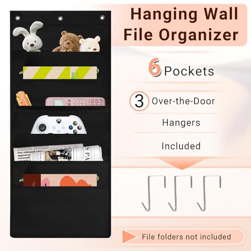 QKEL 6-Pocket Wall File Organizer with 3 Hangers for Door & Wall Storage