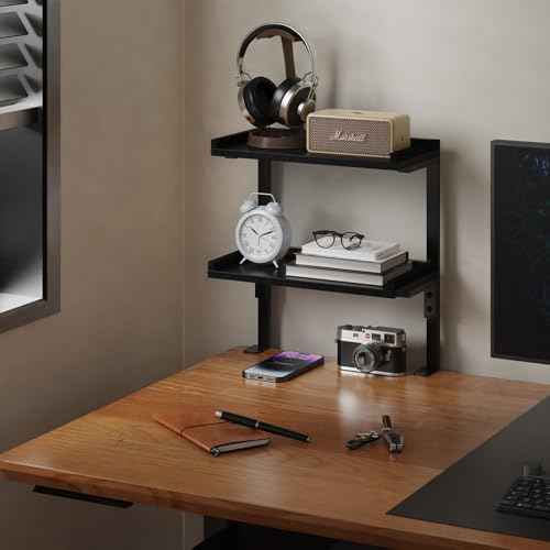 Clamp On Desk Shelf 2-Tier, 12.5 inche Wood Shelving Unit for Office Desk/Gaming Accessories, Tabletop Book Storage Rack, Shelf for Top & Under of Desk, Black