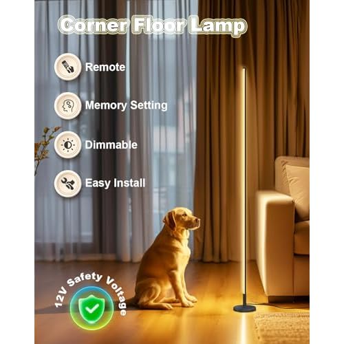 TACAHE Minimalist Corner Floor Lamp - 2700K-6500K Dimmable LED Night Light - Modern Standing Mood Lamp with Remote Control for Living Room, Bedroom - 57" 12W - Black - 1Pack