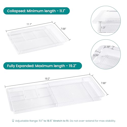 Oubonun Expandable Shallow Plastic Makeup Drawer Organizer 2 Pack, Transparent 1.3" Height