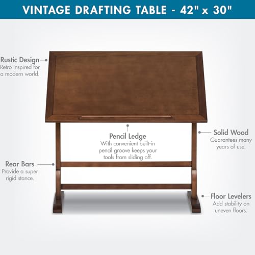 Studio Designs Vintage Drafting Table - Antique Design Solid Wood Drafting Table with Built-In Pencil Groove and Pencil Ledge - Angle Adjustable Work Surface