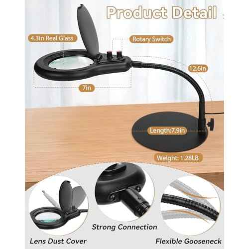10X Magnifying Glass with Light and Stand, Flexible Gooseneck LED Lighted Desk Lamp, 2200 lumens Multiple Color Modes Stepless Dimming, Hands Free Magnifier for Craft Painting Hobby Reading