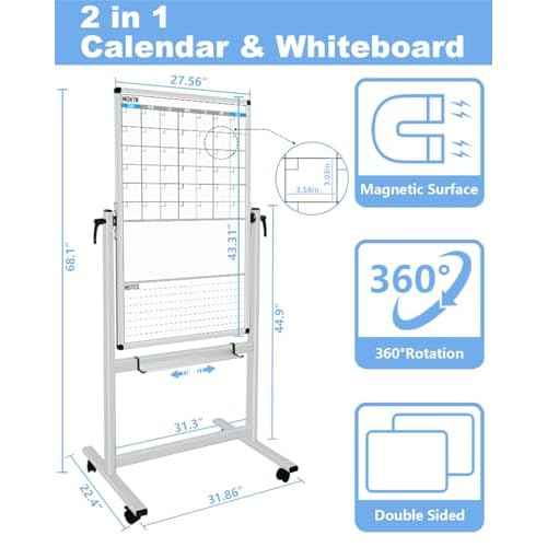 XBoard Rolling Moblie Whiteboard, 44x30 inches Double Sided Magnetic Dry Erase Board with Stand for Homeschool, Live Stream, Office, School (Calendar 44x30-Inch)