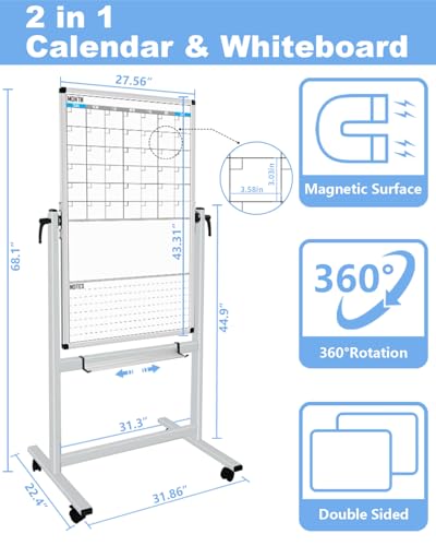 XBoard 44x30 Inch Double Sided Magnetic Whiteboard with Calendar, Mobile & Sturdy Stand