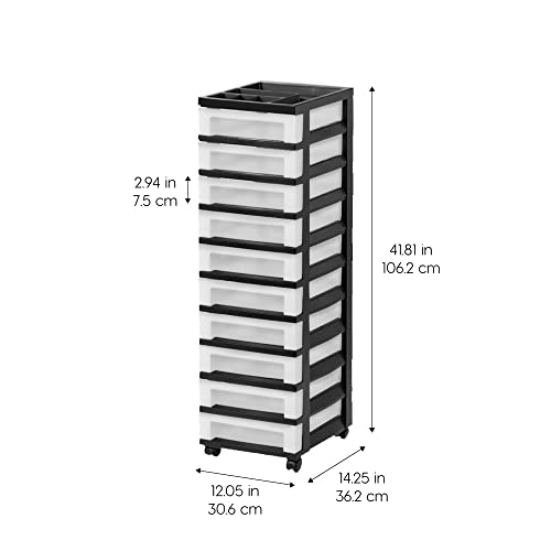 IRIS USA Plastic Drawer Storage Organizer Rolling Cart, with Wheels Casters, 10-Drawers, for Classroom Art Craft Supplies Dresser Closet Bathroom Laundry Room, Black/Pearl