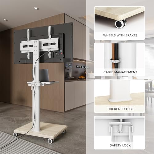 AX WABER Universal Floor TV Stand with Wheels – 27-65in TV Mount, 88 lbs, VESA up to 400x400, Grain Finish with Shelf