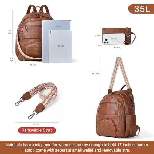 35L Backpack Purse for Women Men Large Travel Backpack for Work College Laptop Back Pack Vegan Leather Fashion Brown