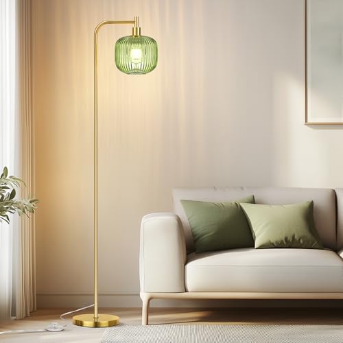 QiMH Glass Floor Lamp for Living Room, Modern Standing Lamp with Ribbed Glass Lampshade Pedal Switch, 67¡± Tall Lamp for Bedroom Study Room, Brushed Gold (2700K LED Bulb Included)