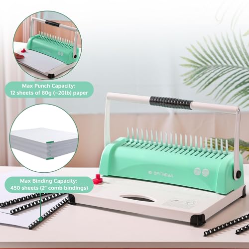 OFFNOVA Binding Machine, 21-Hole 450 Sheets Paper Comb Binding Machine for Letter Size / A4 / A5 Paper, Easy to Punch Handle, Adjustable Margin, Book Binder with 100 PCS 3/8'' Comb Binding Spines