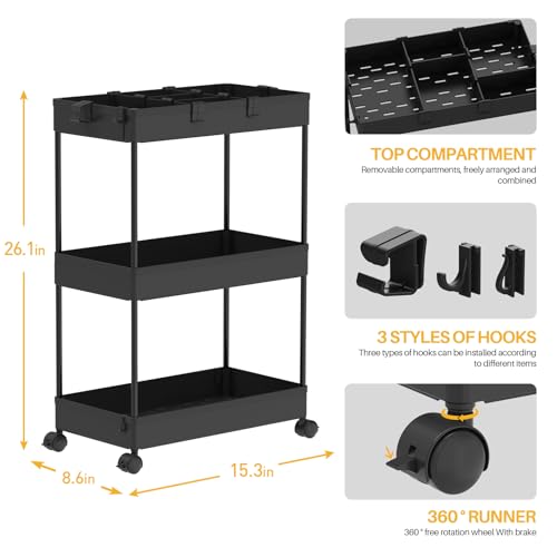 SPACELEAD 3 Tier Rolling Cart with Wheels, Storage Craft Art Trolley Organizer Serving, 3 Hanging Baskets Easy Assembly, for Office, Living Room, Kitchen, Black
