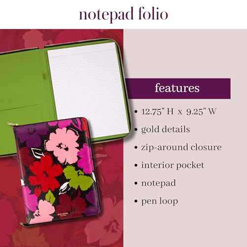 kate spade new york 13.25" x 9.50" Faux Leather Notepad Zip Folio with Interior Pocket, Zipper Close, and Pen Loop (Painterly Blooms)