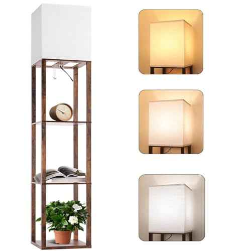 Floor Lamp with Shelves, Modern Wood Standing Shelf Lamp with 3 CCT LED Bulb and White Shade for Living Room Bedroom and Office Deco-Brown