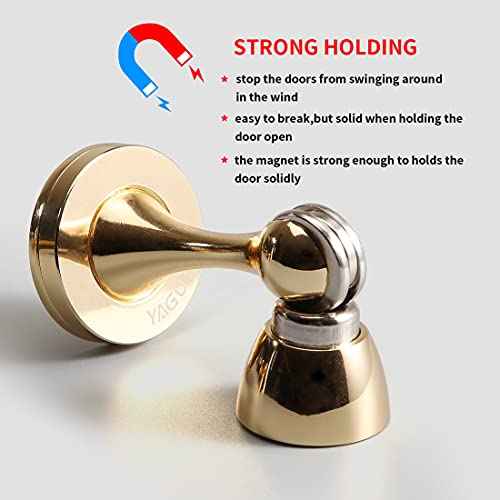 YAGU 2 Pack Magnetic Door Stoppers Holder, Zinc Alloy Bright Gold Door Stops Catch Wall Floor Mounted, Magnet Metal Soft-Catch