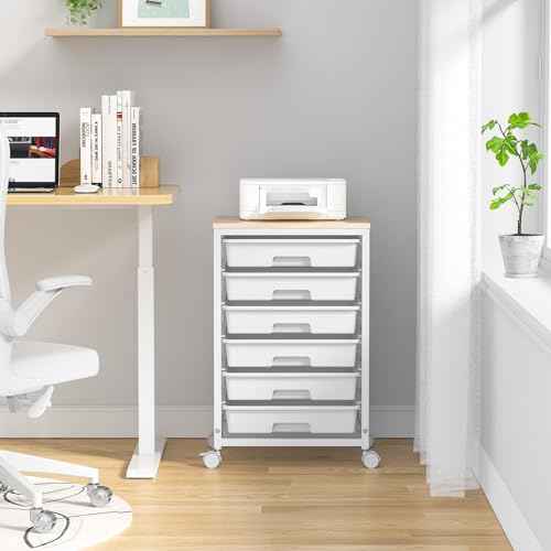 Rolling Cart with Drawers,Utility Cart with 6 Drawers,Rolling Storage Cart with Drawers and Wooden Tabletop & Lockable Wheel,White