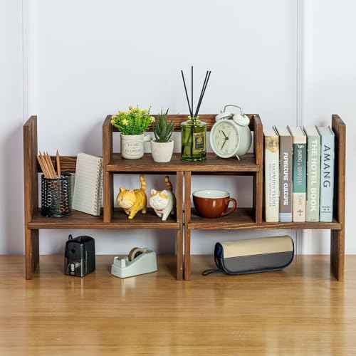 MyGift Adjustable Desktop Shelf, Deluxe Rustic Burnt Solid Wood Stackable Multilevel Bookshelf Organizer Stand, Home or Office Desk Storage Shelving Rack