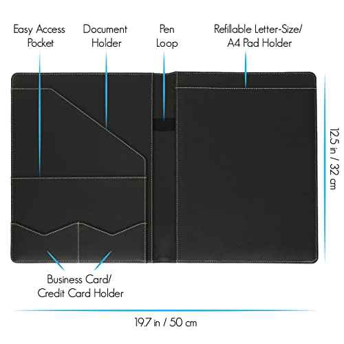 STYLIO Padfolio Portfolio Organizer Binder | Interview Resume Folder, Legal Document, Business Card Holder |w/Letter-Sized Notepad | Handsome Piano Noir Faux Leather Folio Matte Finish, Accent Stitch