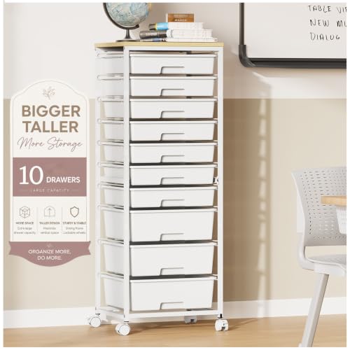 SYKIARIOL White Rolling 10-Drawer Cart with Wheels & Wooden Top - 42.2"H