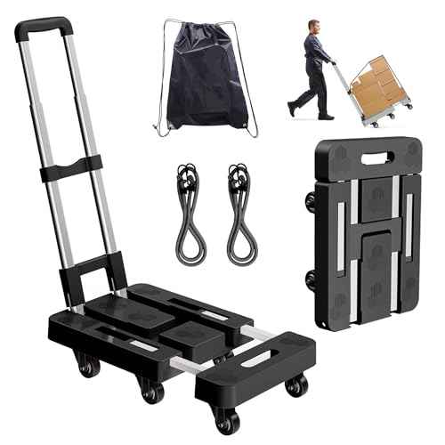 Folding Hand Truck, Foldable Cart for 500 lbs Heavy Luggage, Hand Truck Dolly, 6-Wheel Foldable Dolly with 2 Ropes, Ideal for Home, Office, and Travel Moving (Black)