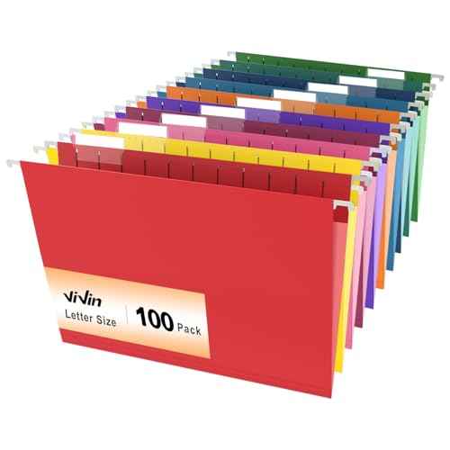 ViVin 100 Pack Letter Size Hanging File Folders with 100 Per Box, 1/5-Cut Adjustable Tabs, Hanging Folders Designed for Office Bulky Files, Filing Cabinets(Multicolored)