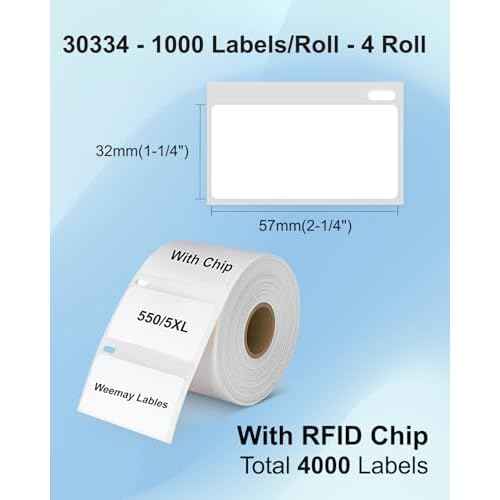 Weemay 30334 FNSKU Barcode Multi-Purpose Labels with RFID Chip, Compatible for DYMO LabelWriter Printers 5XL, 550, 550 Turbo, 4XL, 450, Wireless, 450 Duo, 2-1/4" x 1-1/4", 4 Rolls, Total 4000 Labels