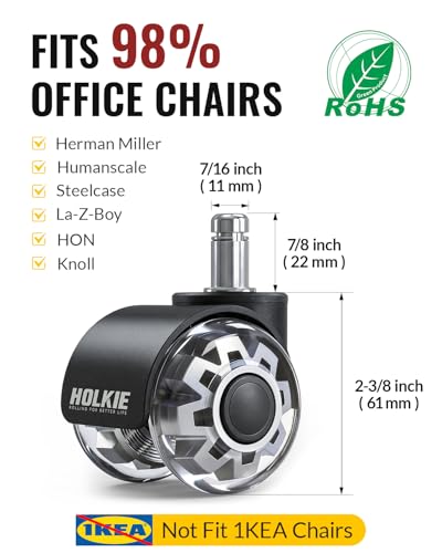 HOLKIE 2in Chair Wheels Set of 5 - Grey, 11mm Stem Universal Fit, Quiet Rubber Casters