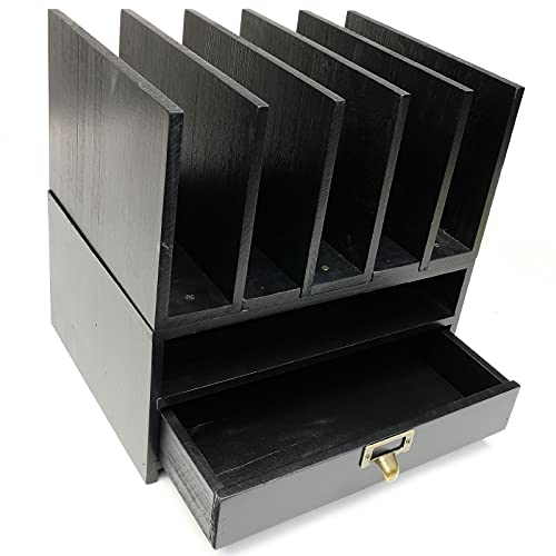 Excello Global Products Wooden Vertical Letter Tray with Drawer: Desktop Organizer for Files, Folders, Binders, Notebooks, Pens, Pencils & Office Supplies (Black)