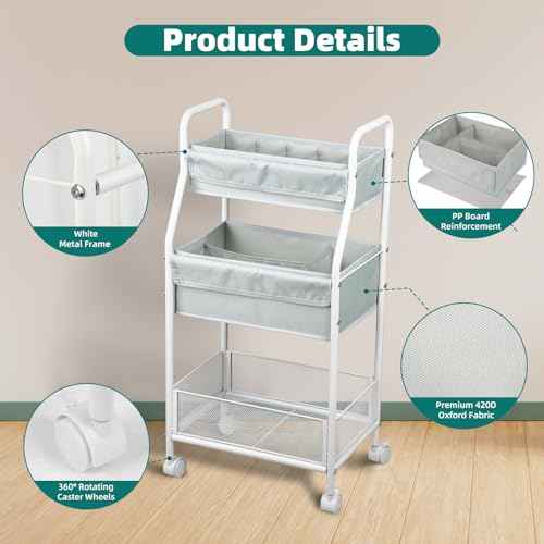 Moteph Rolling Utility Cart with Wheels - Baby Organizers for Nursery Essentials, Diaper Organizer, Art & Craft Storage, Book Cart (Without_Side_Storage)