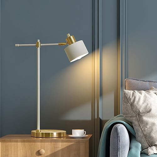 OYEARS Modern Industrial Desk Lamp for Reading LED 22.2¡° Metal Table Lamp Light for Office Bedroom Study Room Living Room Nightstand Bedside Lamps Gold and Matte Cream Accent (Cream, Bulb Included)