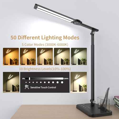 LED Desk Lamp with Dual Heads, Height Adjustable, USB Charging Port, 5 Light Modes & Dimmable Brightness, Bedside Lamp for Reading, Crafting, Work, Study (Black, 15W)
