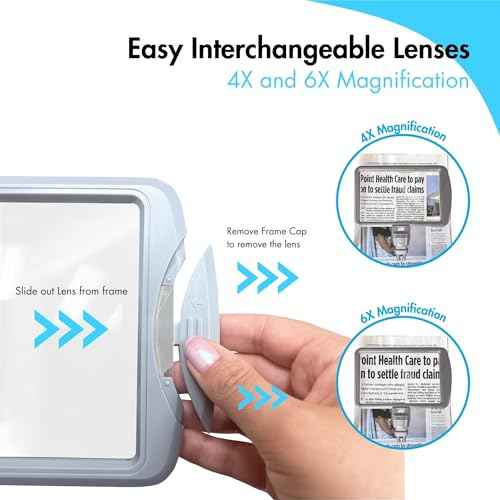 MagniPros Rechargeable Goose-Neck Page Magnifier with 3 Color Light Modes - 4X & 6X Interchangeable Lenses