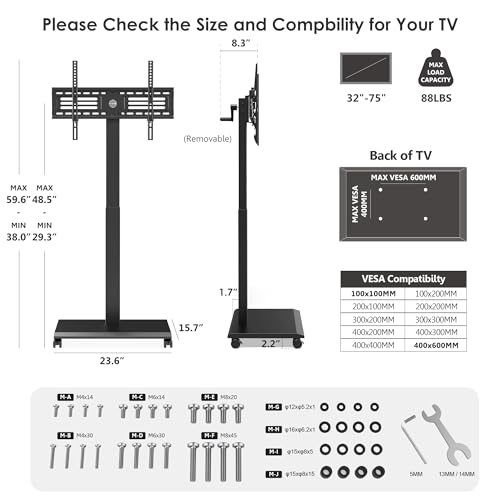 FITUEYES Hand Crank Lift TV Stand with Wheels for 32-75 Inch TVs – Black