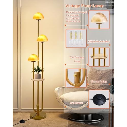 Lightdot Gold Dimmable Floor Lamp with Table, Modern Floor Lamps for Living Room, 3000K Warm Lights Tall Standing Lamp with Mushroom Shades & Bulbs for Bedroom/Office