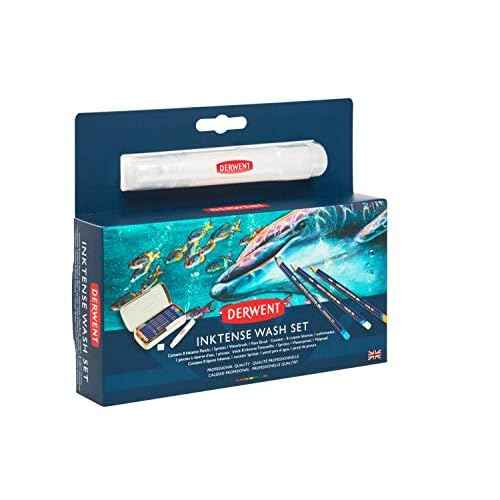 Derwent Inktense Wash Set, Set includes 8 Inktense Pencils, 1 Spritzer, 1 Waterbrush, 1 Paint Brush, Premium 4mm Round Core, Watersoluble, Use on Paper or Fabric, Professional Quality (2302584)