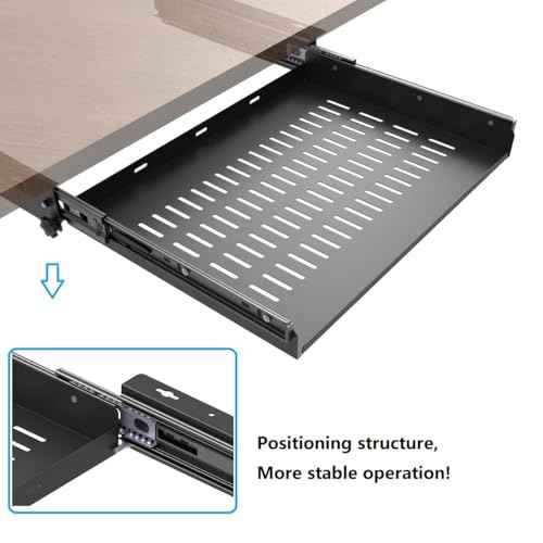 JINGCHENGMEI Sliding Under Desk Laptop Mount Shelf with Air Vents, W 16.3" x D 12" Metal Under Desk Slide Out Tray for Laptop (16 Inch Wide)