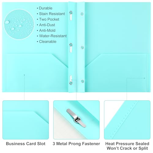 Patelai 48 Pcs Plastic Folders with 2 Pockets and 3 Prongs Home Folders with Card Slot Letter Size Heavy Duty Report Covers for Back to School(Mint Green,Classic)
