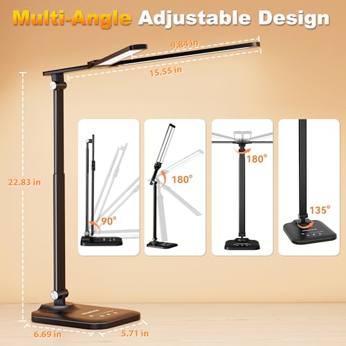 Black Adjustable LED Desk Lamp with USB, Dimmable Architect Light for Office & Home