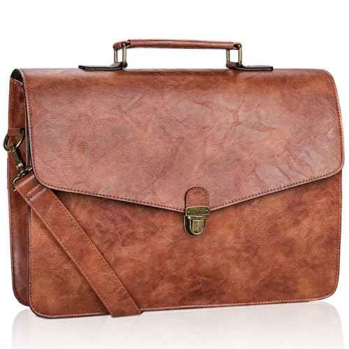 ESTARER Mens Leather Briefcase 15.6 Inch Laptop Messenger Bag, Computer Shoulder Bag Professional Office Satchel for Work Business, Brown