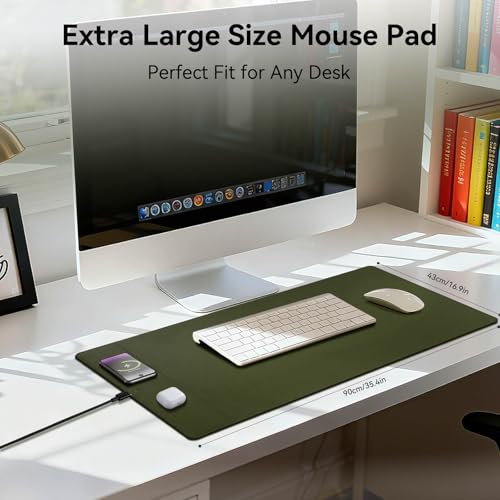 Wireless Charging Mouse Pad, 15W Fast Charge Magnetic Charger Desk Pad, Large Office Desk Mat (35.4"x16.9") with Ultra-Smooth Surface, Military Green Computer Mousepad for MacBook, PC, Laptop