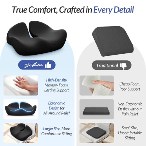ZIKEE Black Ergonomic Seat Cushion for Sciatica - High-Density Memory Foam, Anti-Slip Car & Office Chair Pad