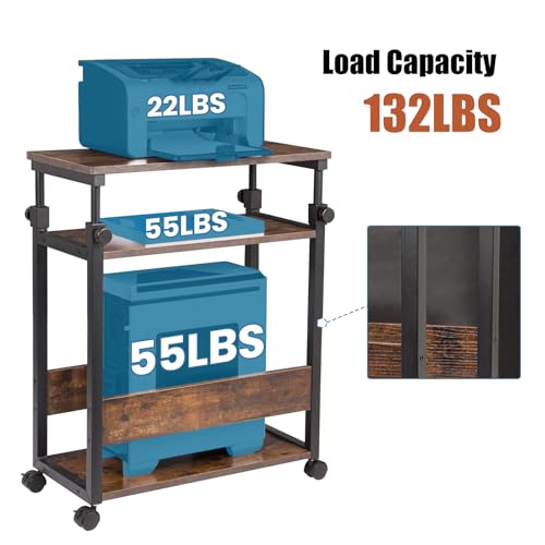 Height Adjustable Computer Tower Stand, Computer & Machine Carts, PC Tower Stand, Printer Stands with Wheels, 24" W x 12" D x 23"-38" H, Holds Up to 132 lbs (Fits Tower Lower Than 19")